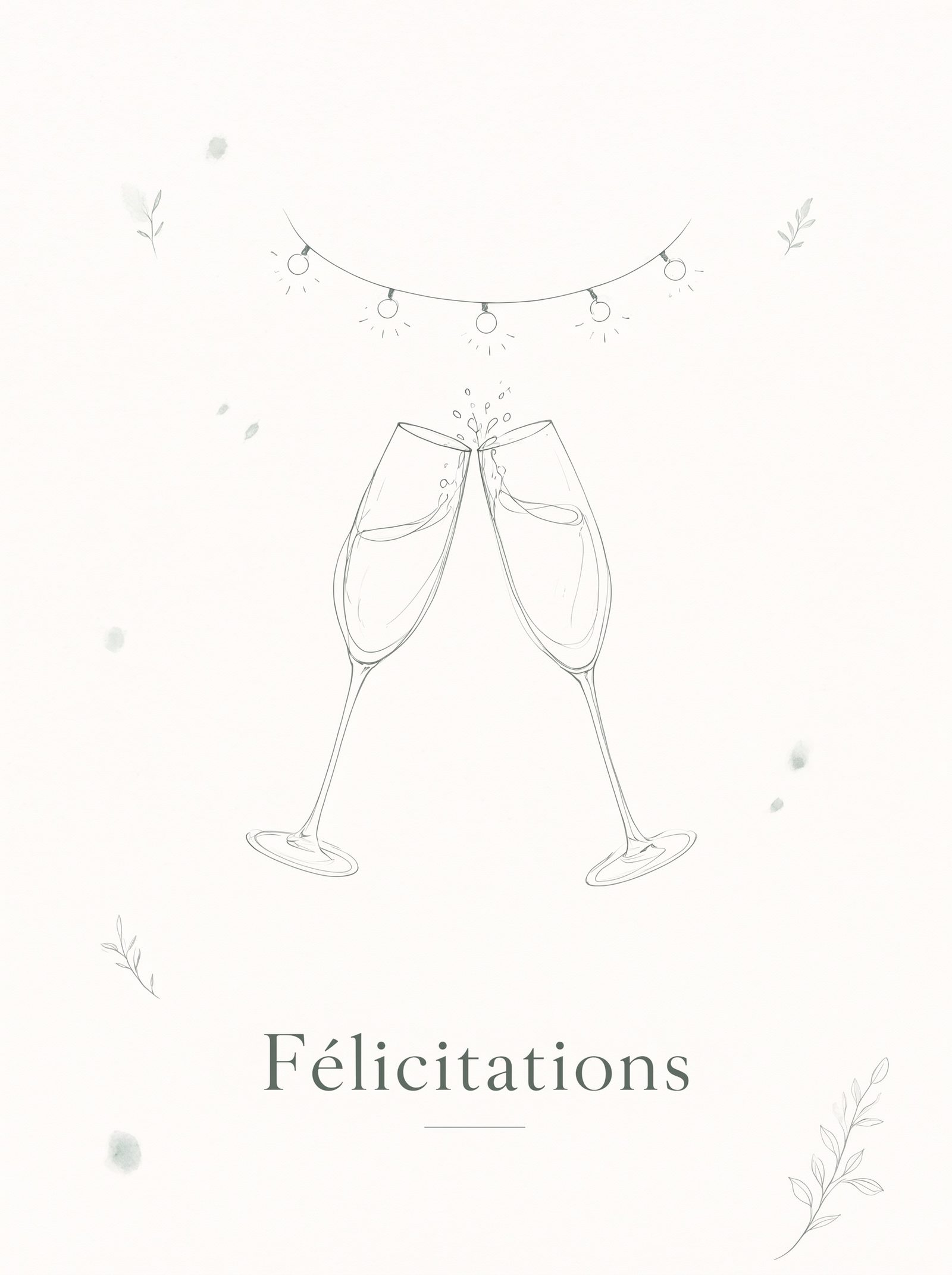 Recto d'une carte de félicitations de mariage — dessin à l'encre d'un seul trait : deux coupes de champagne sous des guirlandes lumineuses