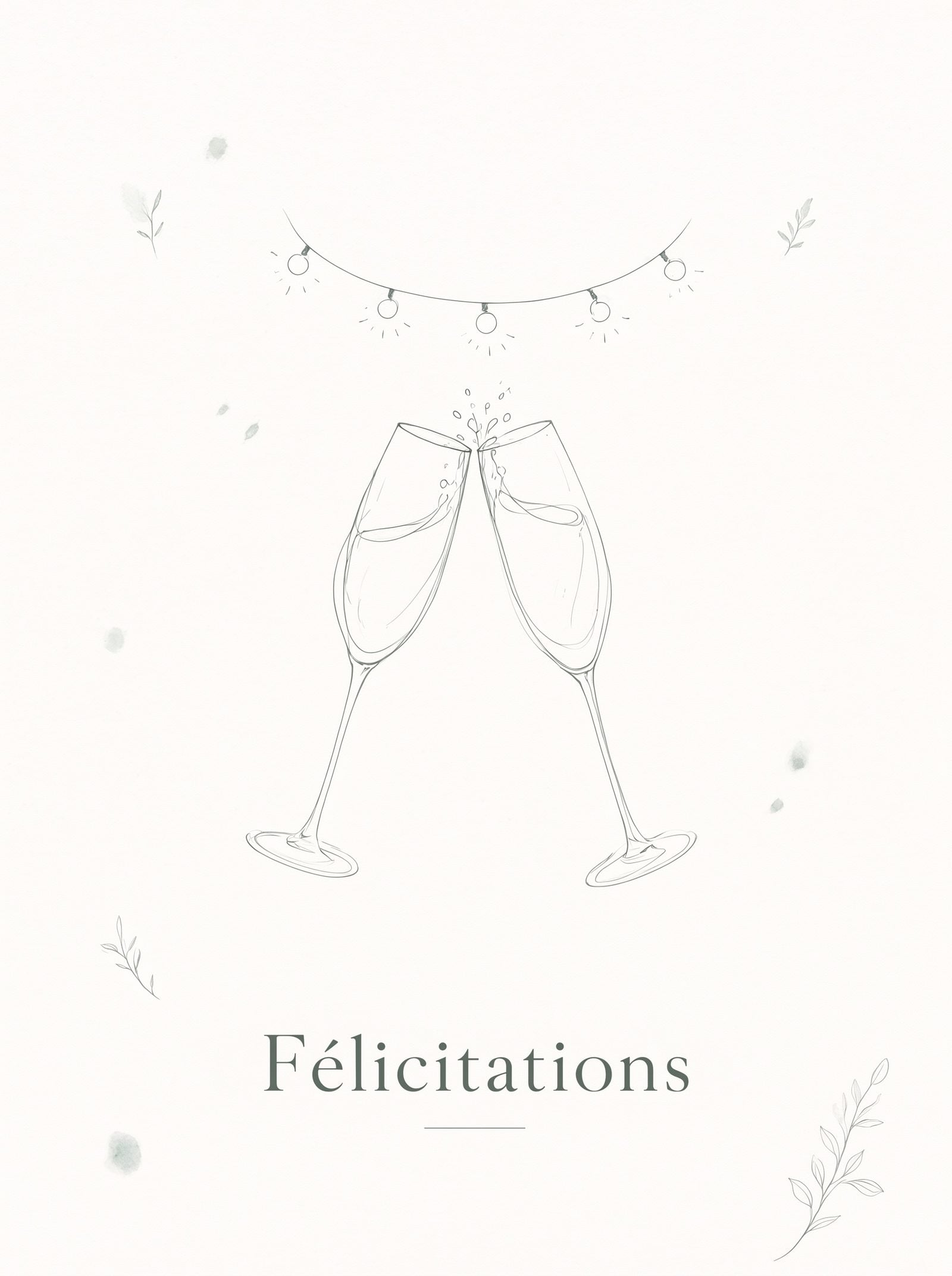 Recto d'une carte de félicitations de mariage — dessin à l'encre d'un seul trait : deux coupes de champagne sous des guirlandes lumineuses