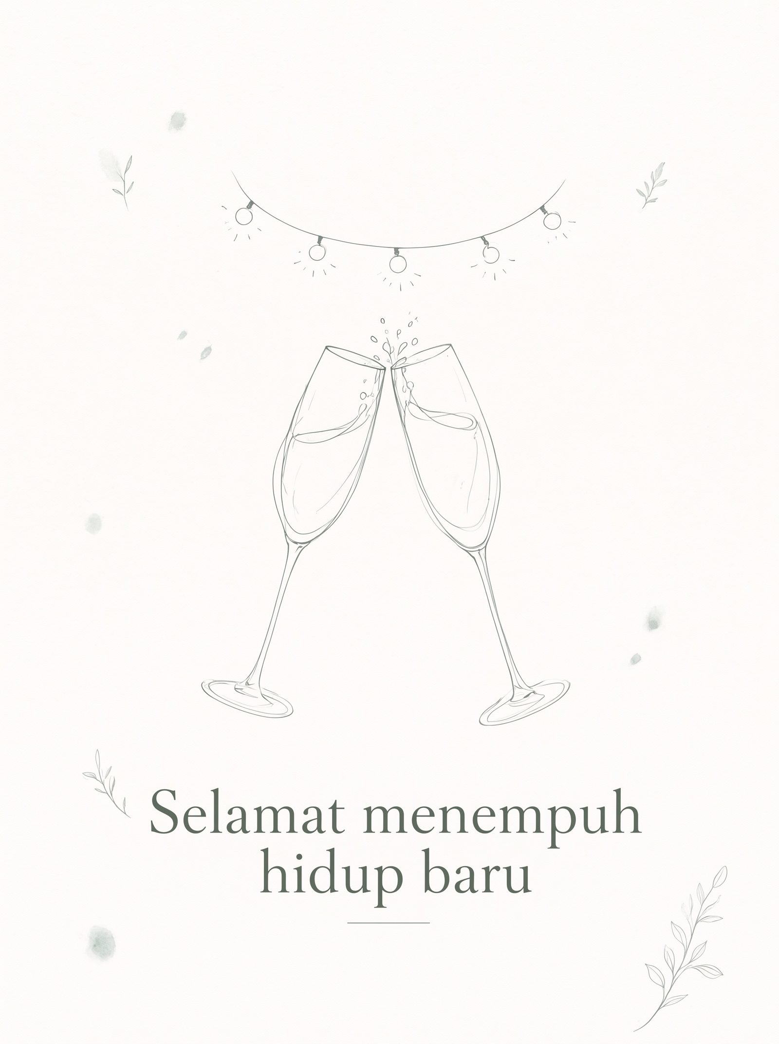 Sampul kartu ucapan pernikahan — gambar tinta satu garis, dua gelas sampanye di bawah lampu gantung kecil