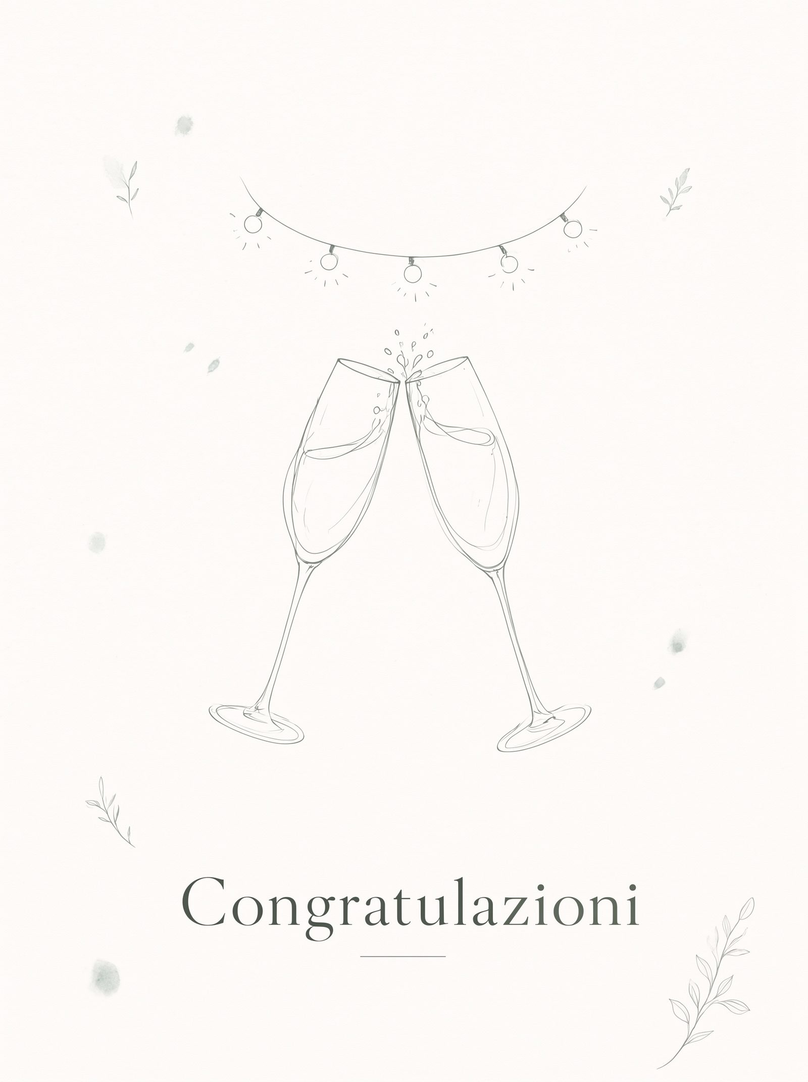 Copertina di un biglietto di congratulazioni di matrimonio — disegno a inchiostro a tratto unico di due calici di champagne sotto le lucine