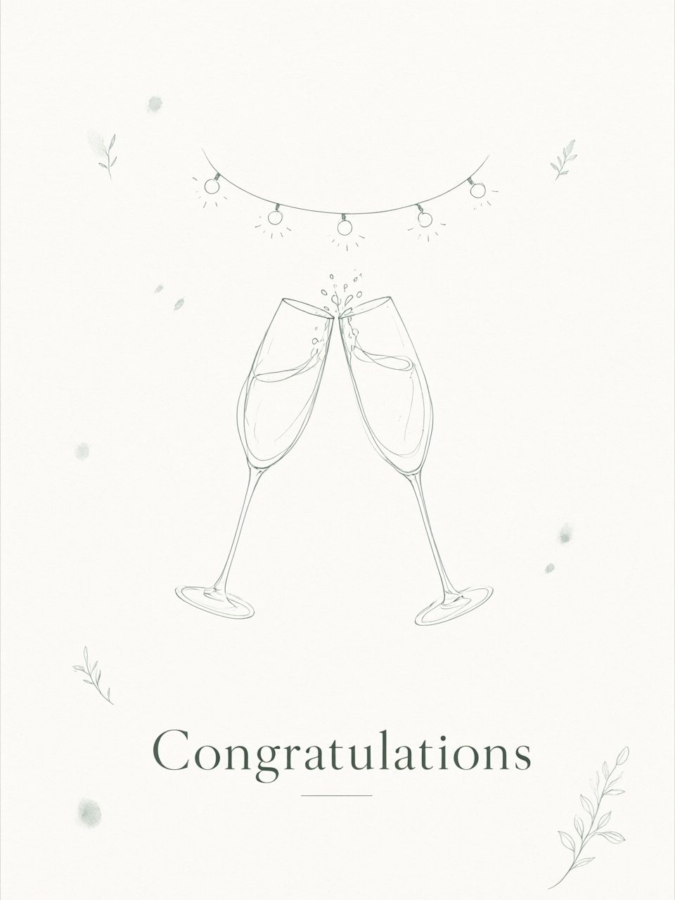 Wedding congratulations card front — single-line ink drawing of two champagne glasses under string lights