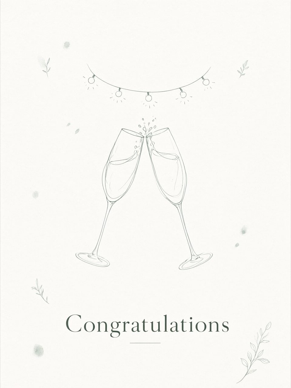 Wedding congratulations card front — single-line ink drawing of two champagne glasses under string lights