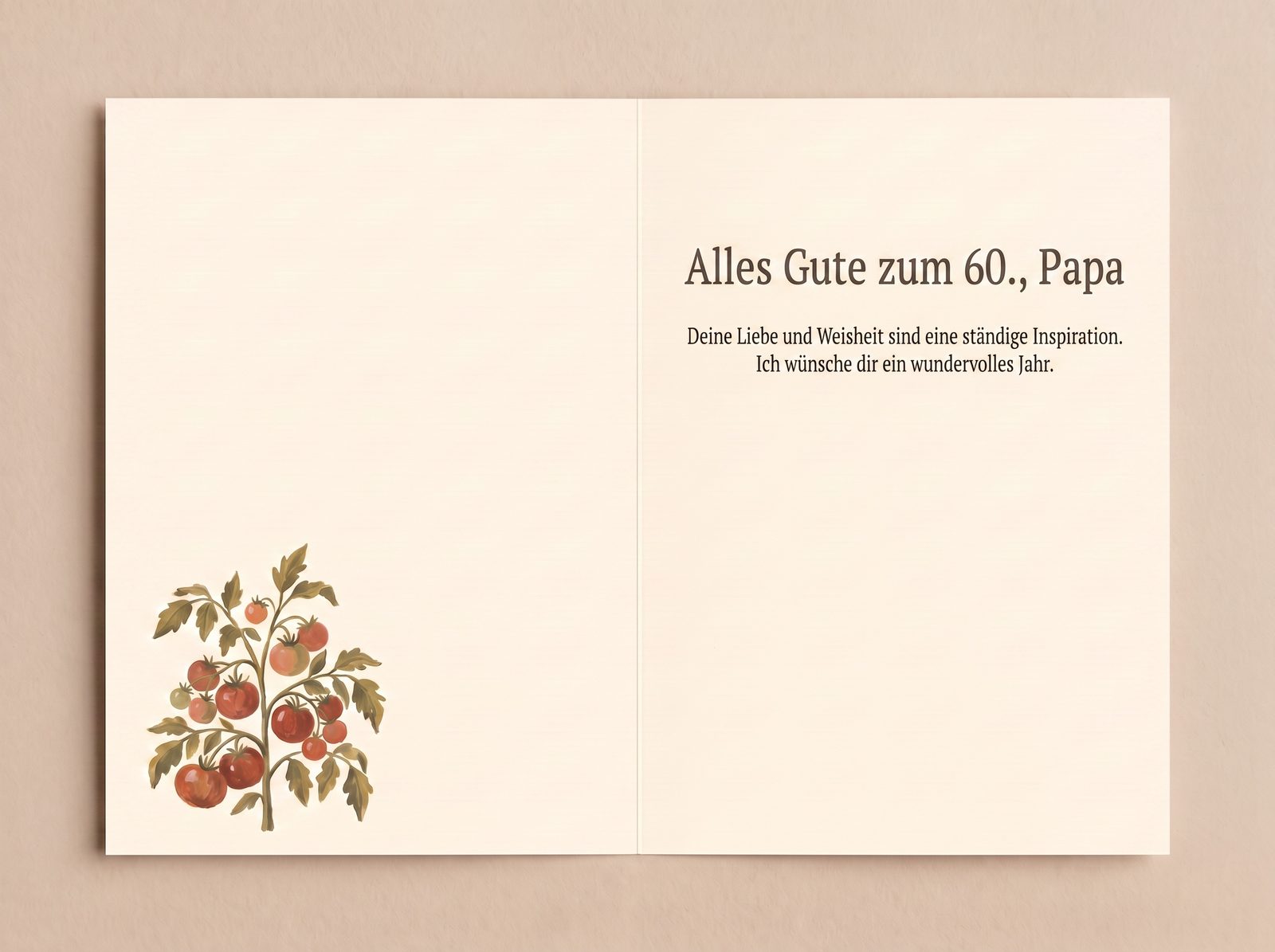 Innendoppelseite der Geburtstagskarte – links klingt das Tomatenmotiv an, rechts die gedruckte Botschaft mit Platz zum Unterschreiben