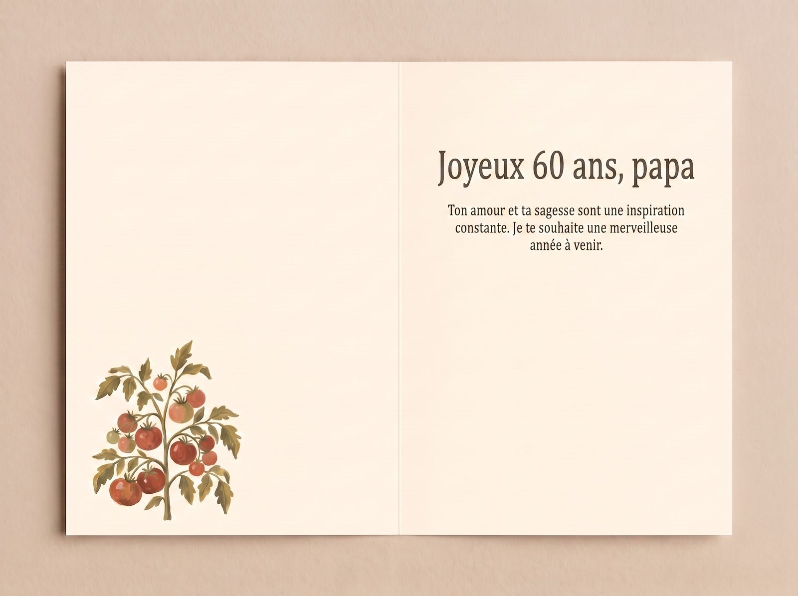 Double page intérieure de la carte d'anniversaire — le motif tomate repris sur le volet gauche, le message imprimé et l'espace pour signer à droite