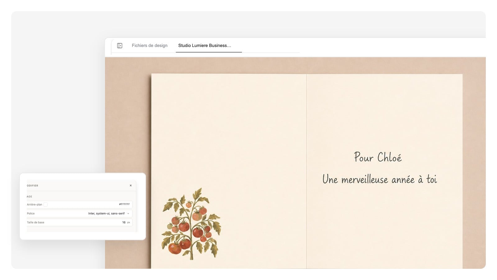 Double page intérieure de la carte d'anniversaire — le motif tomate repris sur le volet gauche, le message imprimé et l'espace pour signer à droite