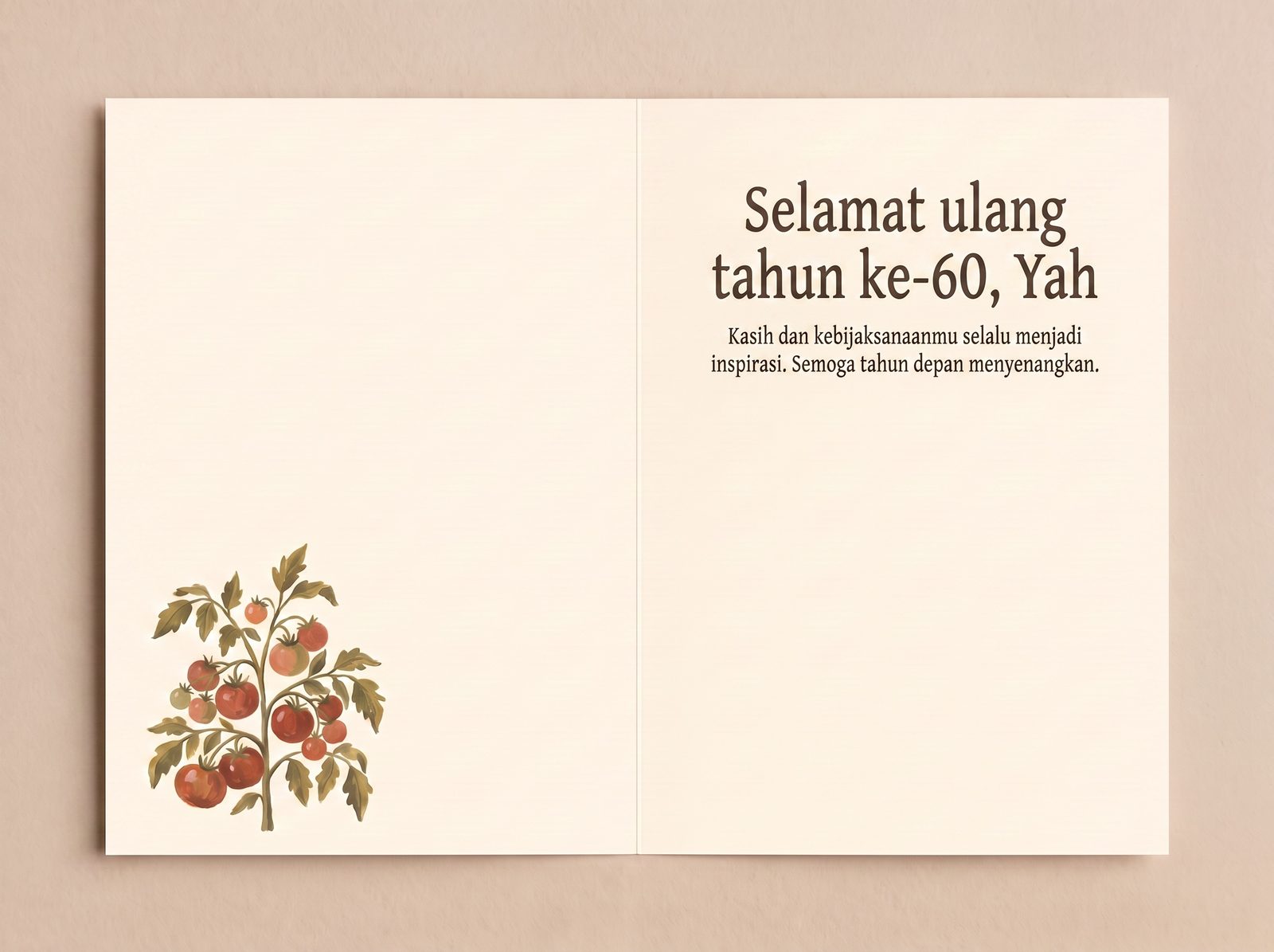 Halaman dalam kartu ulang tahun — motif tomat muncul lagi di panel kiri, pesan tercetak dan ruang tanda tangan di kanan