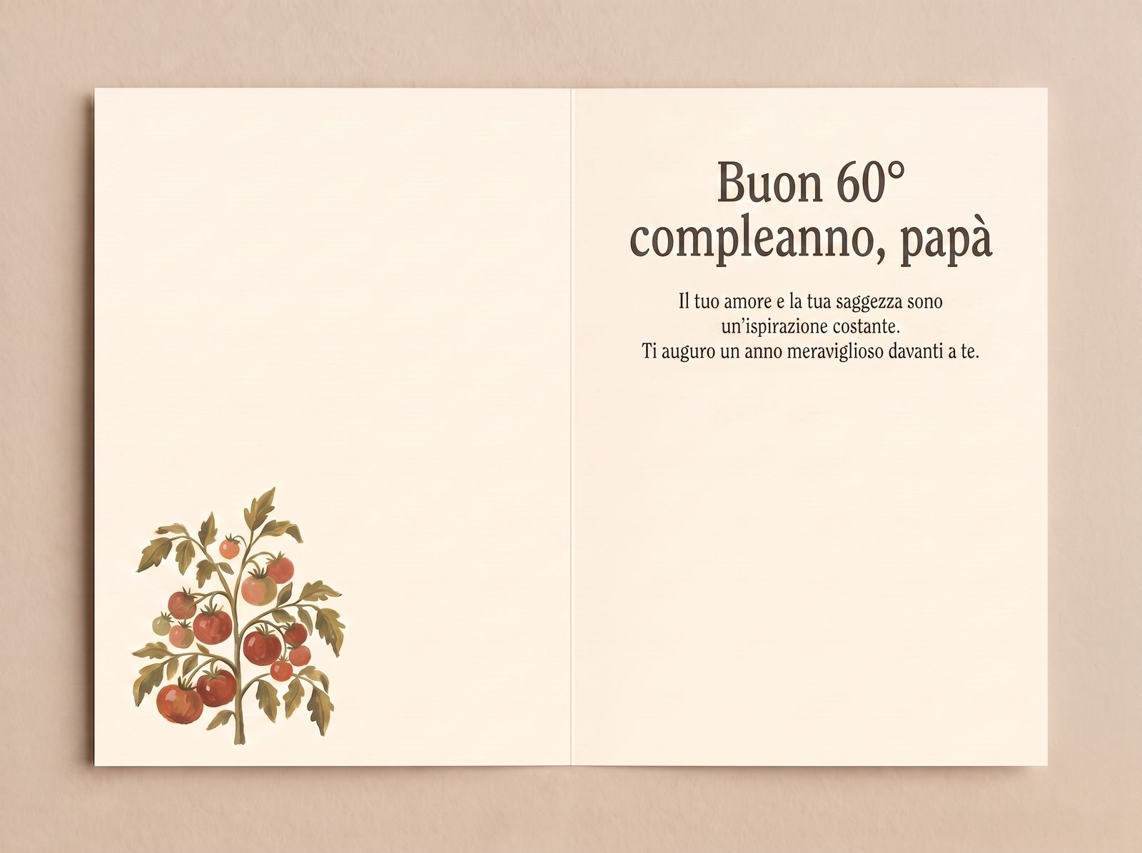 Doppia pagina interna del biglietto di compleanno — il motivo del pomodoro ripreso sul pannello sinistro, il messaggio stampato e lo spazio per firmare a destra