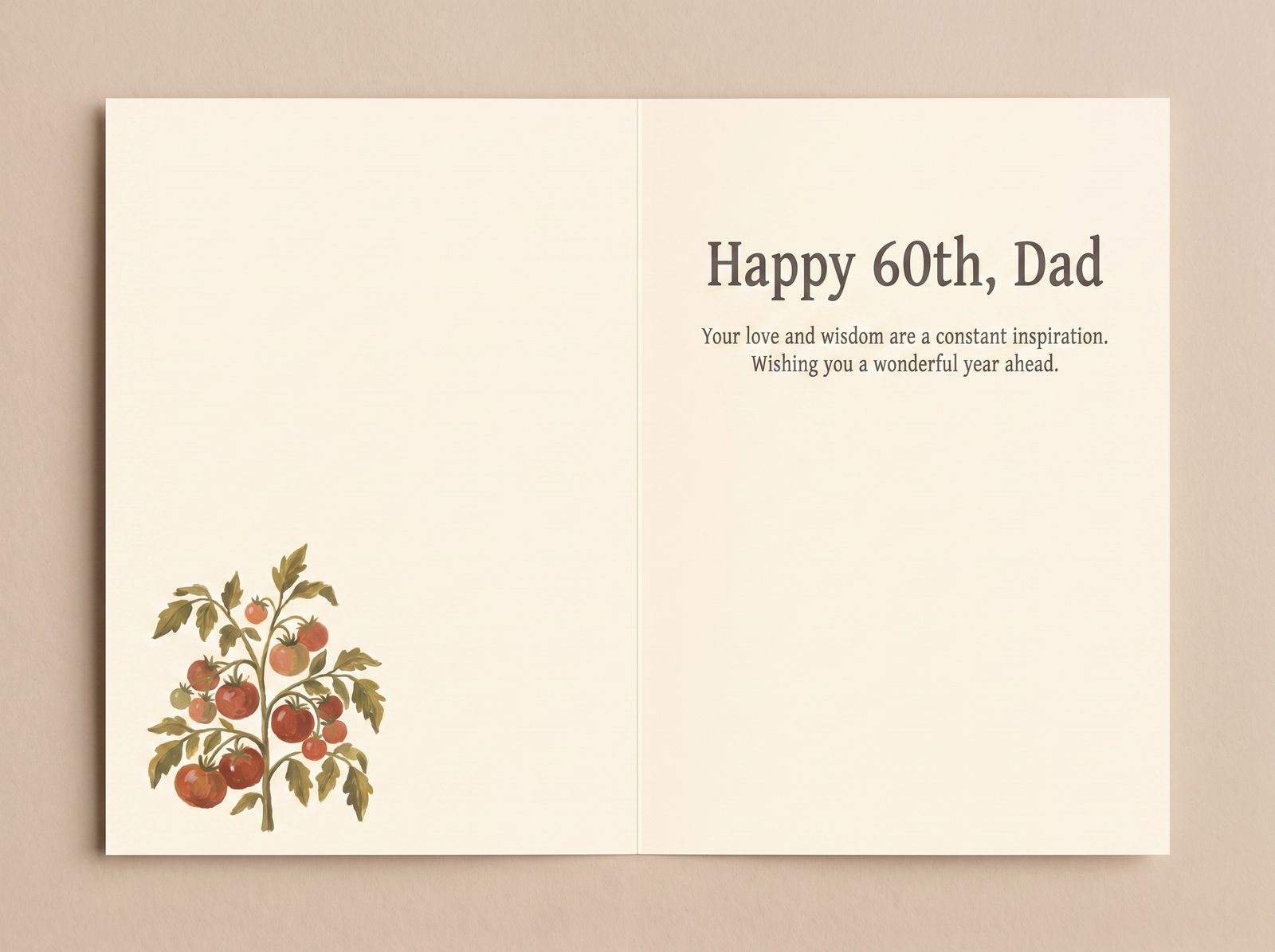 Inside spread of the birthday card — the tomato motif echoed on the left panel, the printed message and space to sign on the right