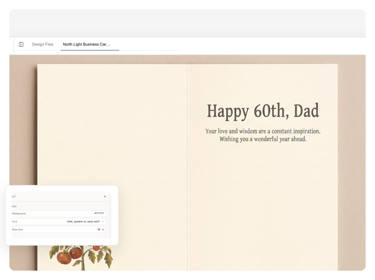 Inside spread of the birthday card — the tomato motif echoed on the left panel, the printed message and space to sign on the right