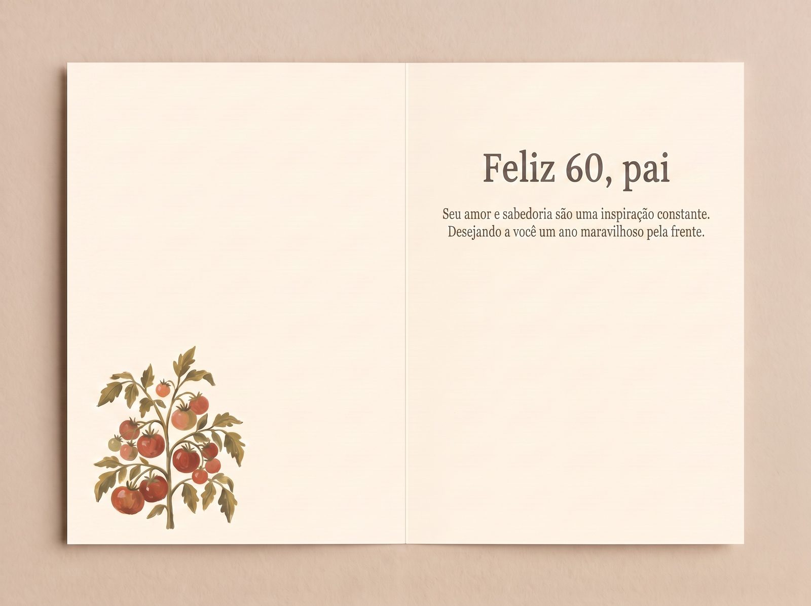 Miolo do cartão de aniversário — o motivo do tomate ecoado no painel esquerdo, a mensagem impressa e o espaço para assinar à direita