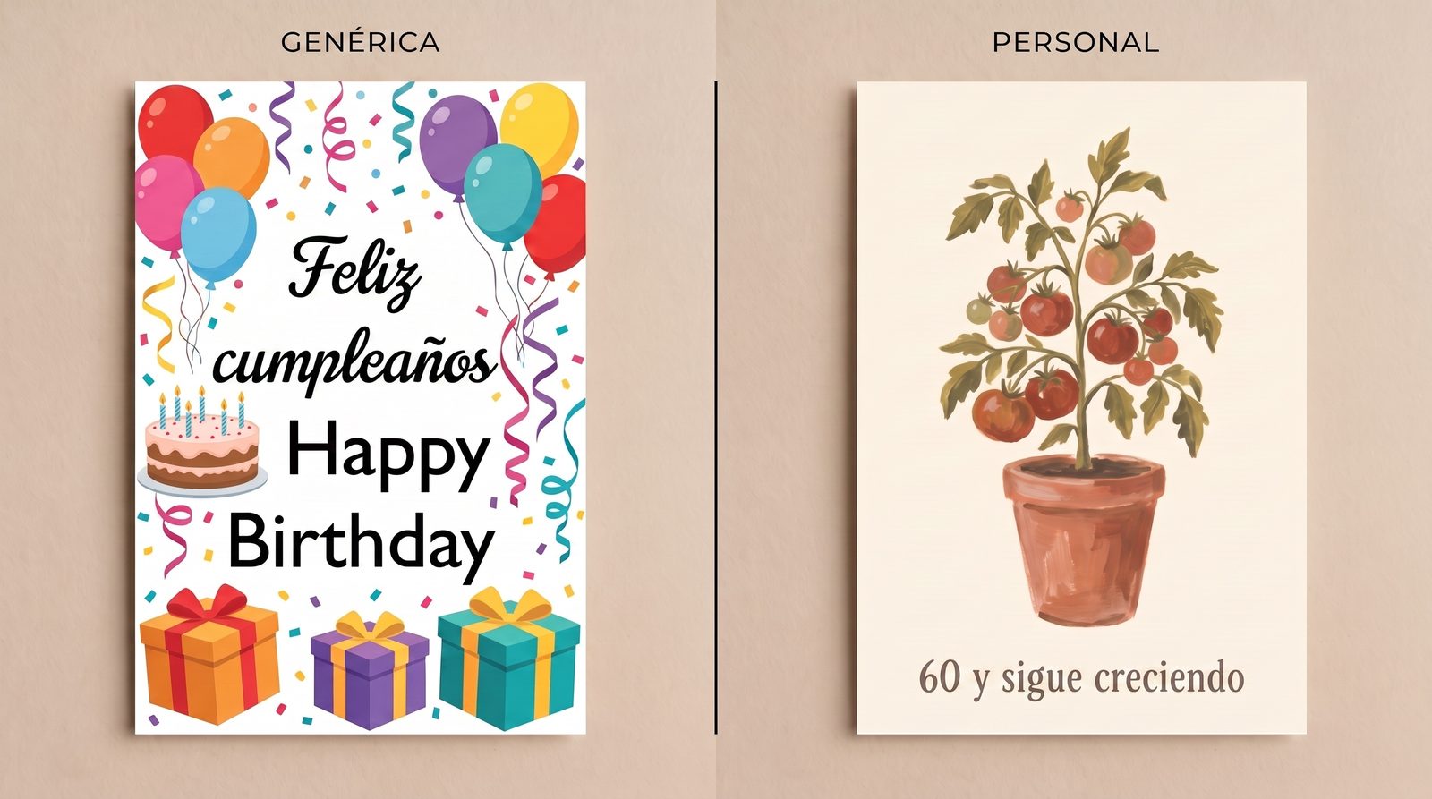 Dos portadas de tarjeta comparadas: una tarjeta de cumpleaños genérica y recargada de clipart junto a una tarjeta personal con una única tomatera pintada a mano