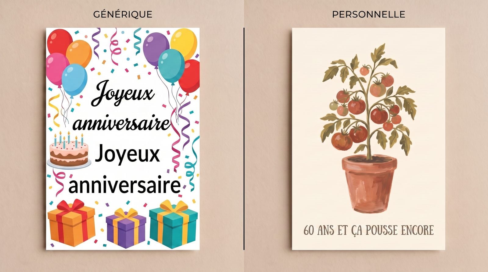 Deux rectos de carte comparés — une carte d'anniversaire générique surchargée de cliparts à côté d'une carte personnelle avec un unique plant de tomates peint à la main