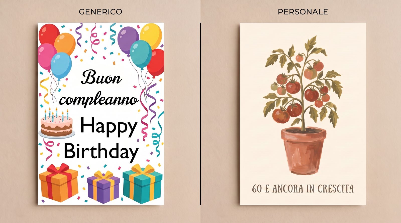 Due copertine di biglietto a confronto — un biglietto di compleanno generico affollato di clipart accanto a un biglietto personale con una sola pianta di pomodoro dipinta a mano