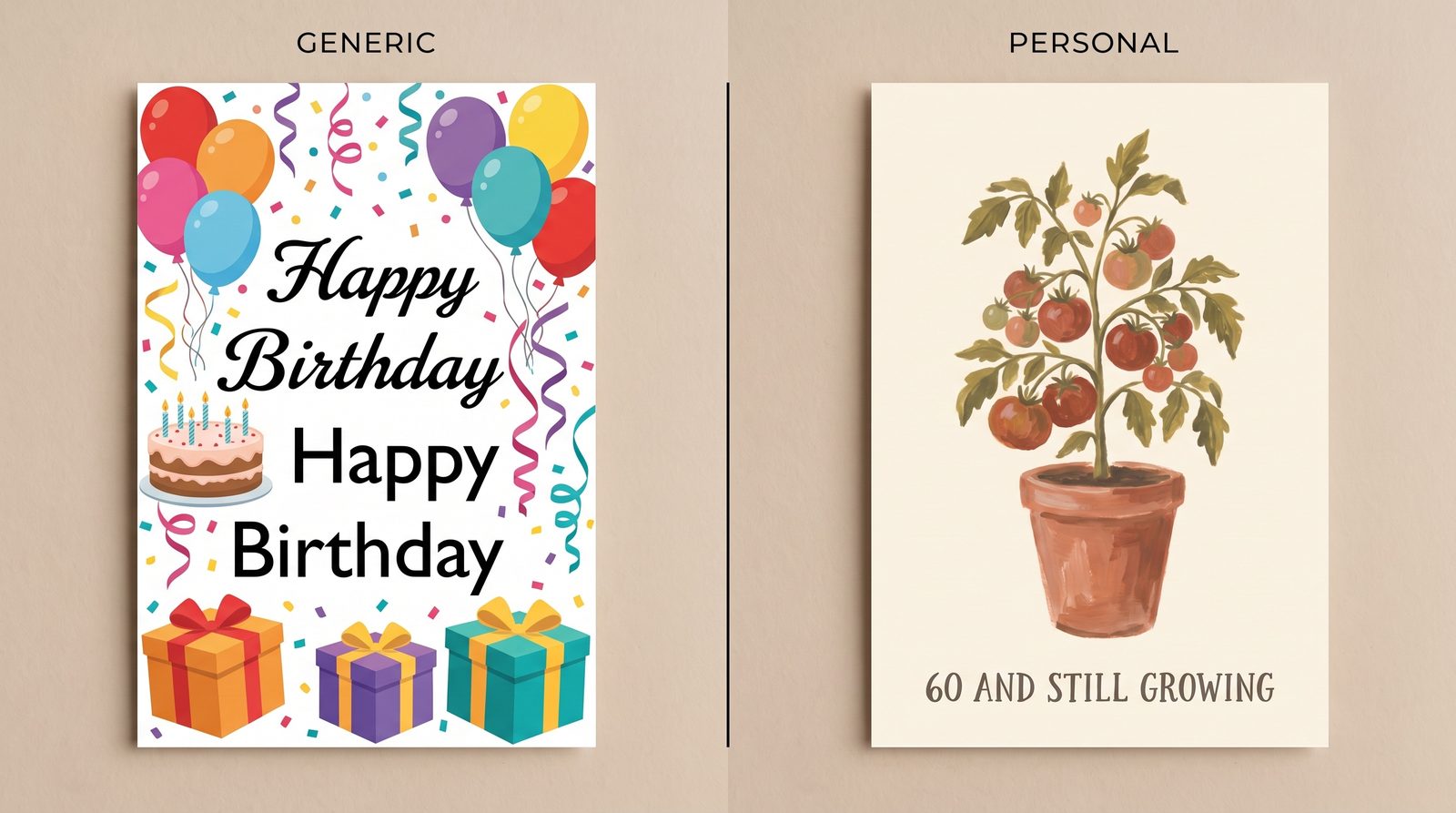 Two greeting card fronts compared — a cluttered generic clip-art birthday card next to a personal card with a single hand-painted tomato plant motif