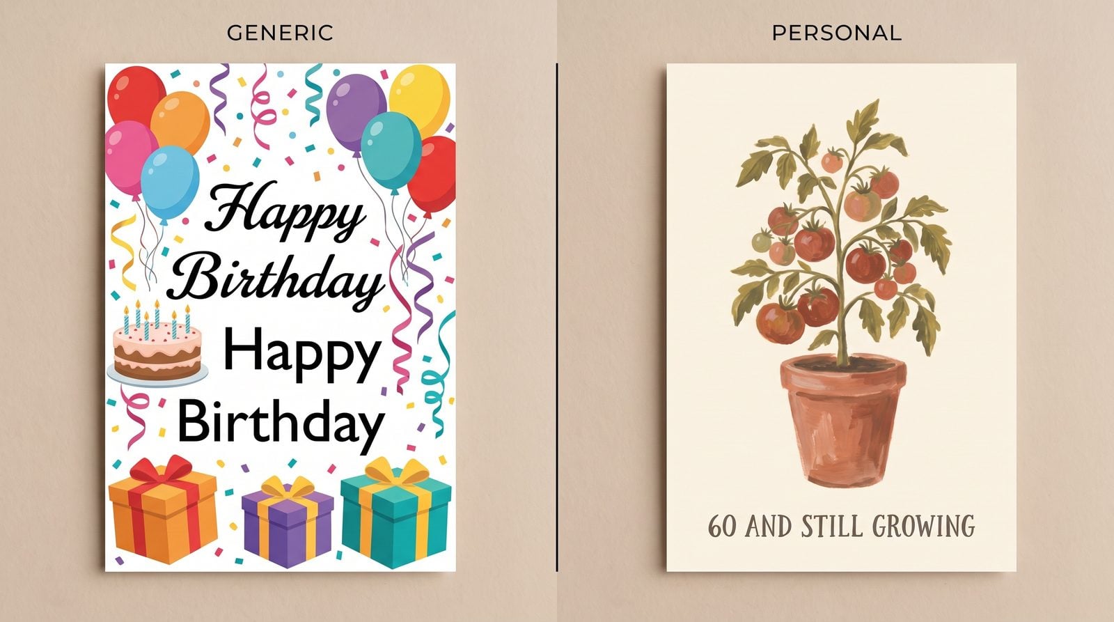 Two greeting card fronts compared — a cluttered generic clip-art birthday card next to a personal card with a single hand-painted tomato plant motif
