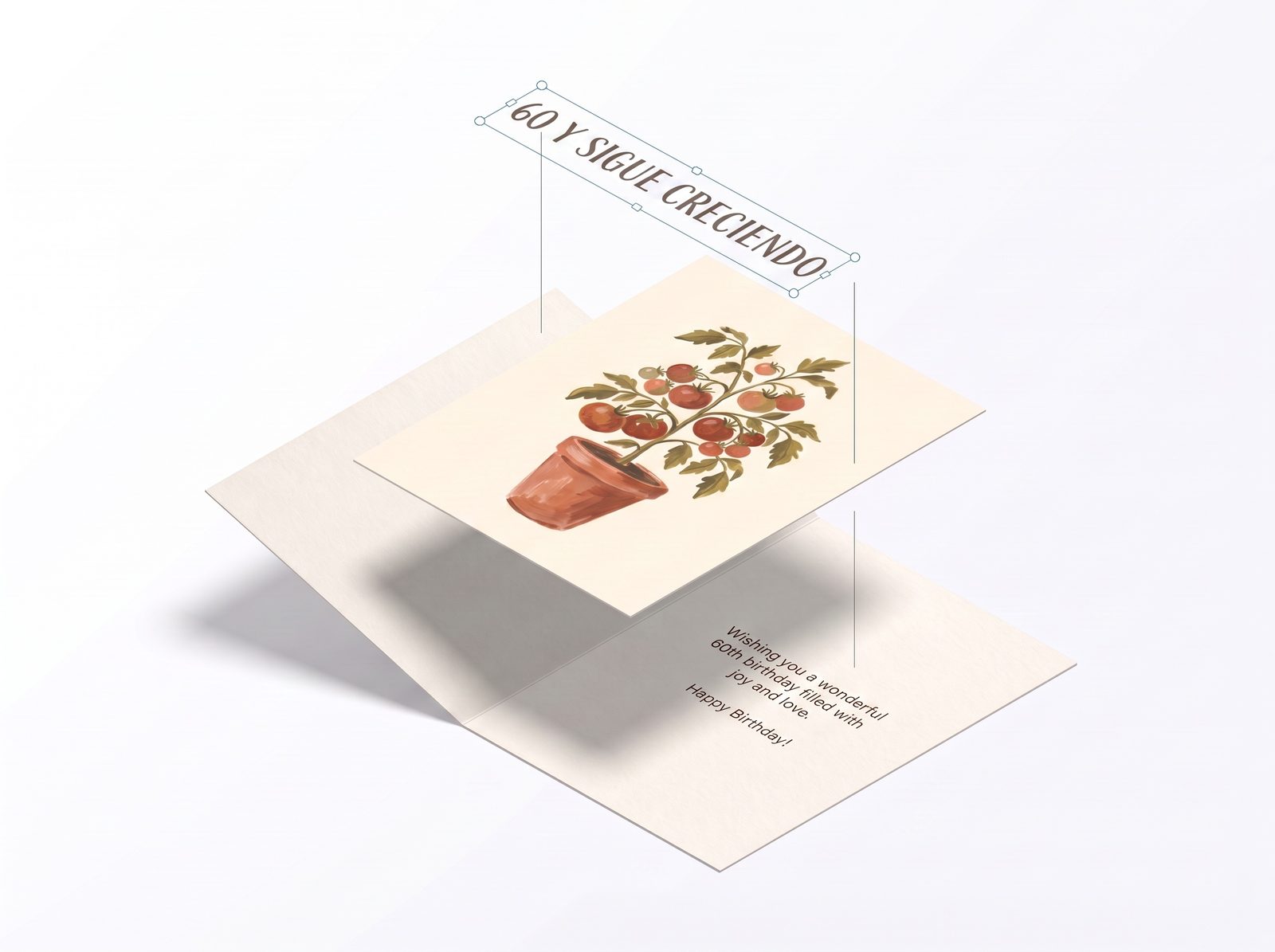 Diseño de tarjeta separado en capas: interior desplegado, arte de la portada y el titular como capa de texto propia con tiradores de selección