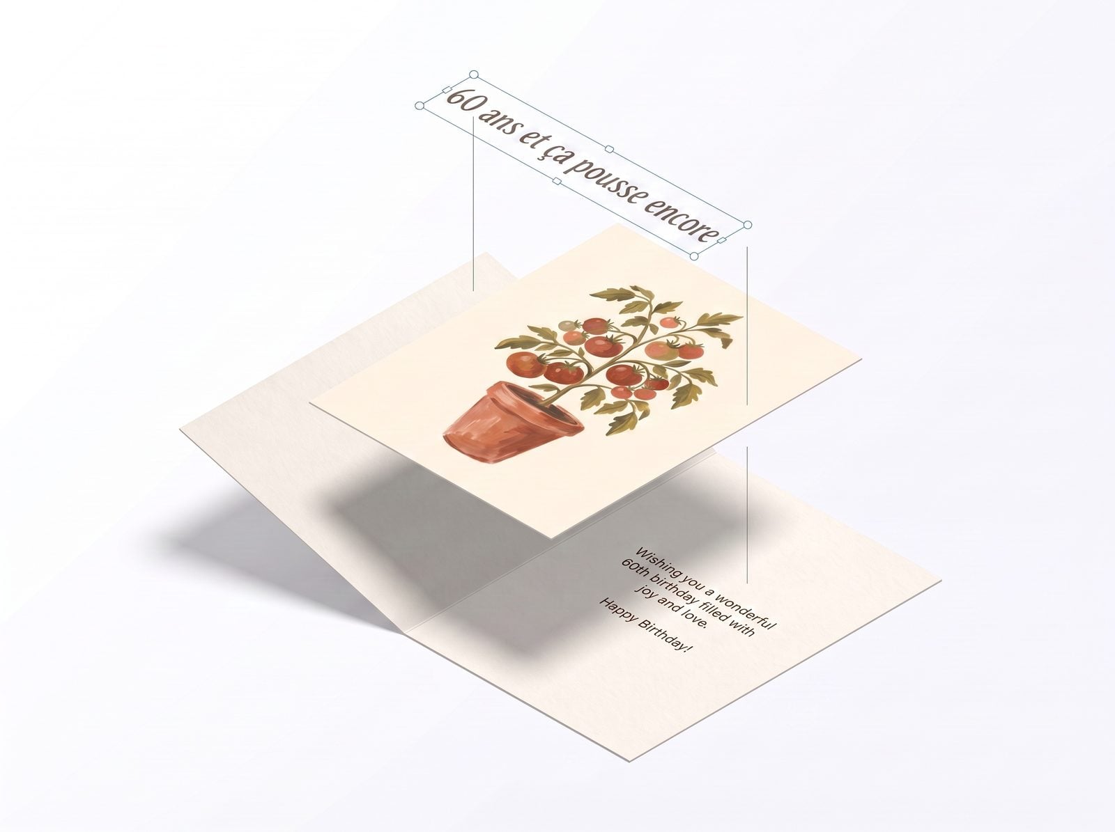 Un design de carte de vœux séparé en calques — double page intérieure, visuel de couverture et titre en calque de texte distinct avec poignées de sélection