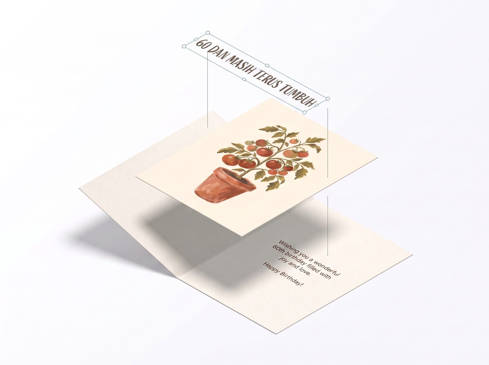 Desain kartu ucapan yang dipisah jadi beberapa layer — halaman dalam, gambar sampul, dan judul sebagai layer teks tersendiri dengan gagang seleksi