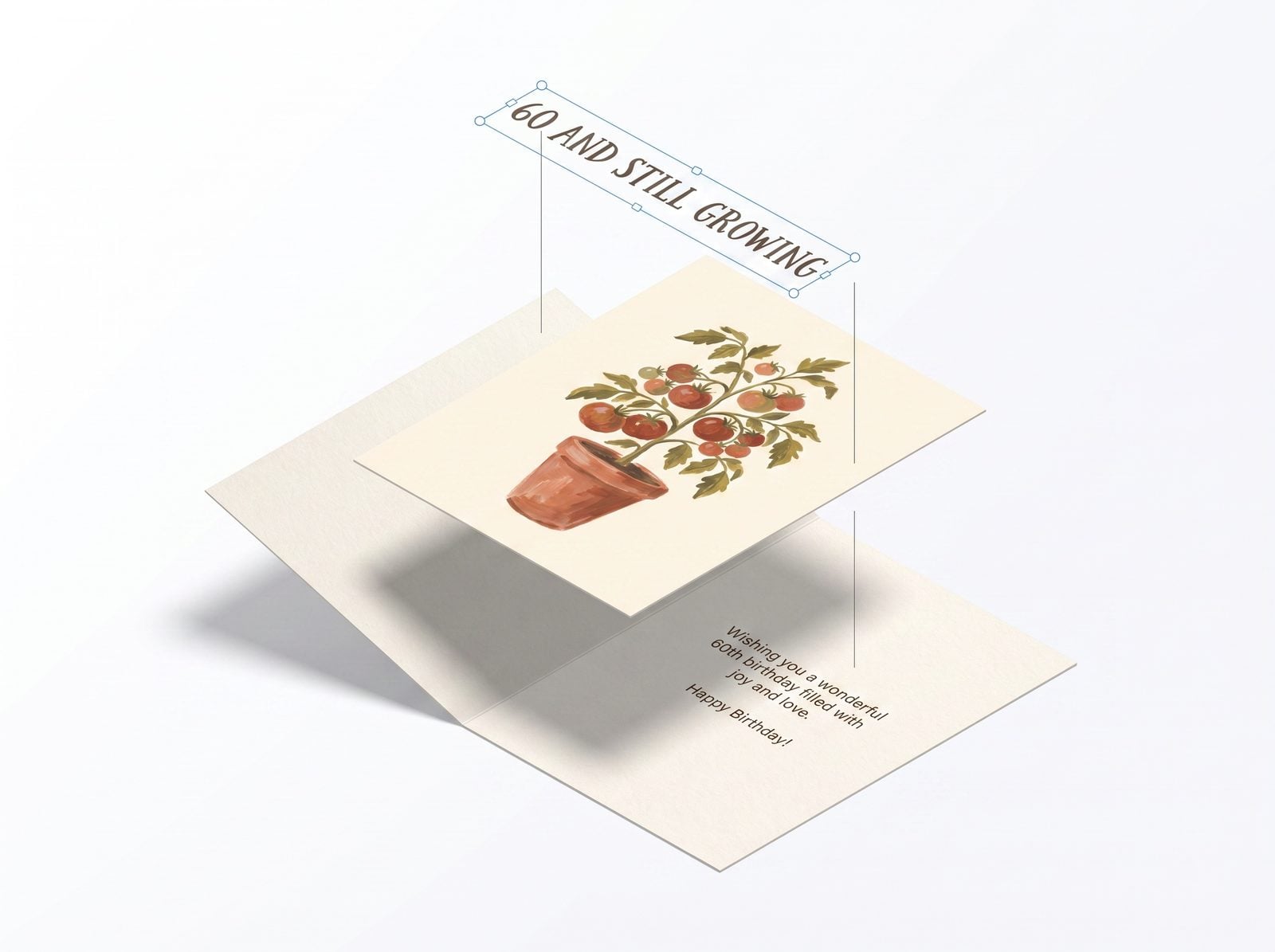 A greeting card design separated into layers — inside spread, cover artwork, and the headline as its own text layer with selection handles