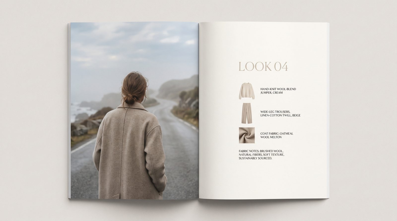 Fashion lookbook spread with a full-page editorial photo and look details