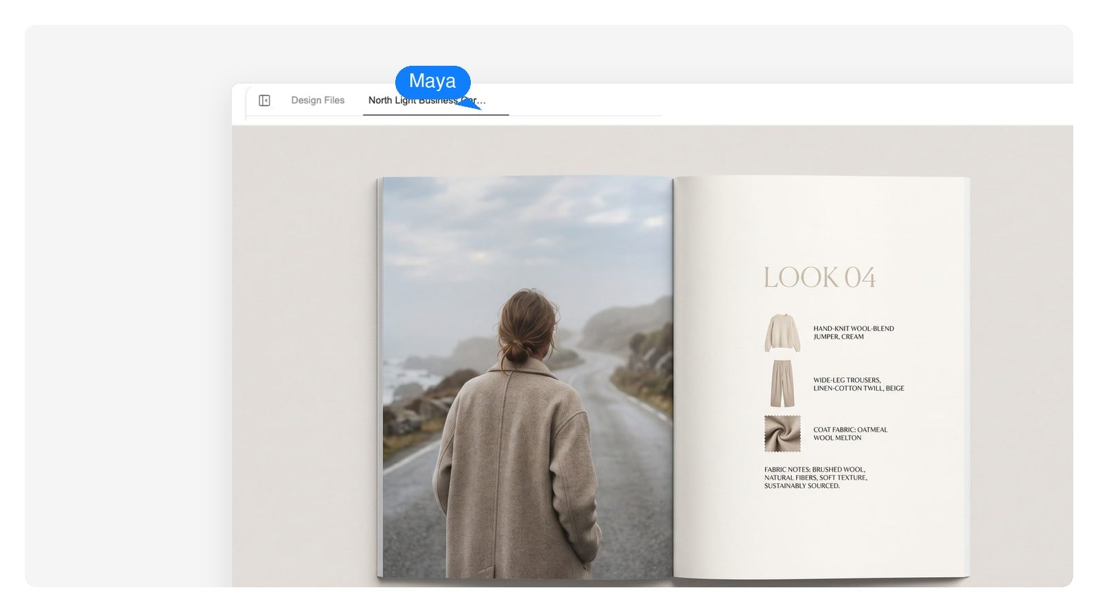 Fashion lookbook spread with a full-page editorial photo and look details