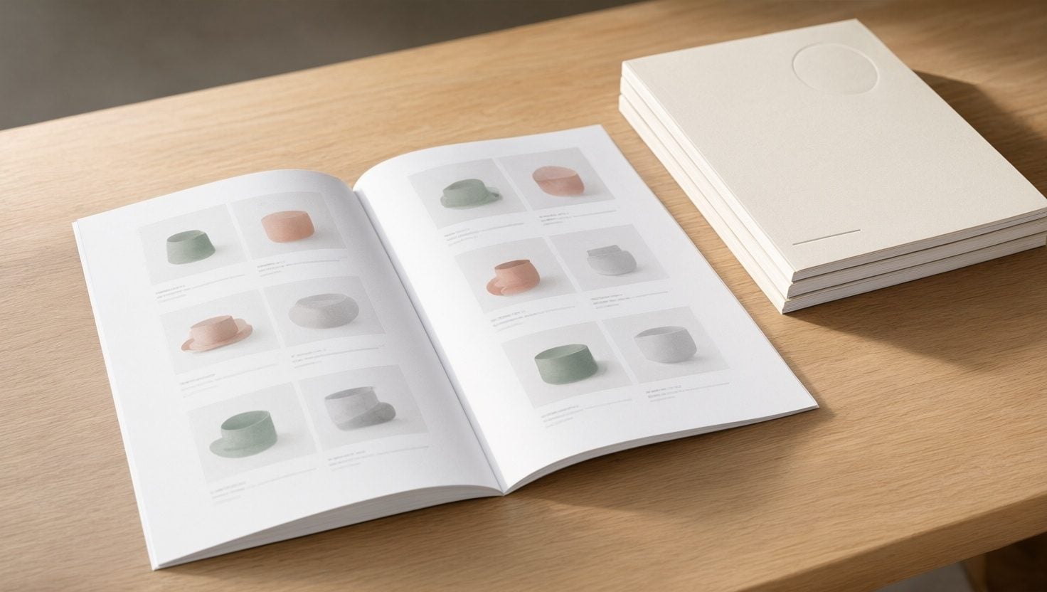 Printed furniture catalog open on a desk beside a stack of copies