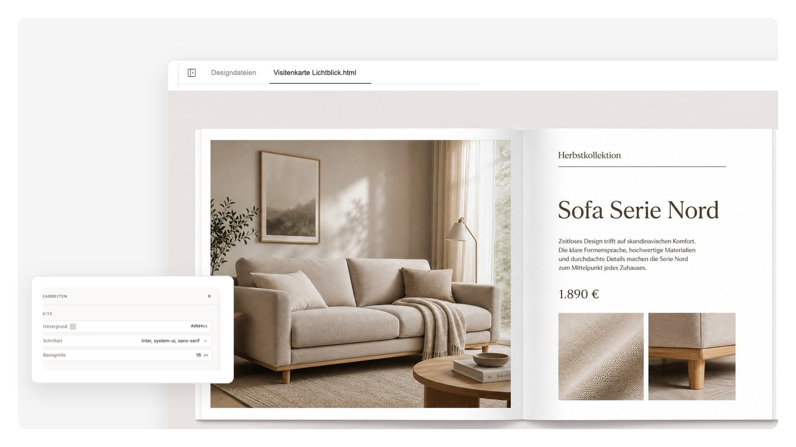 Hero-Produkt-Doppelseite aus einem mit KI erstellten E-Commerce-Katalog