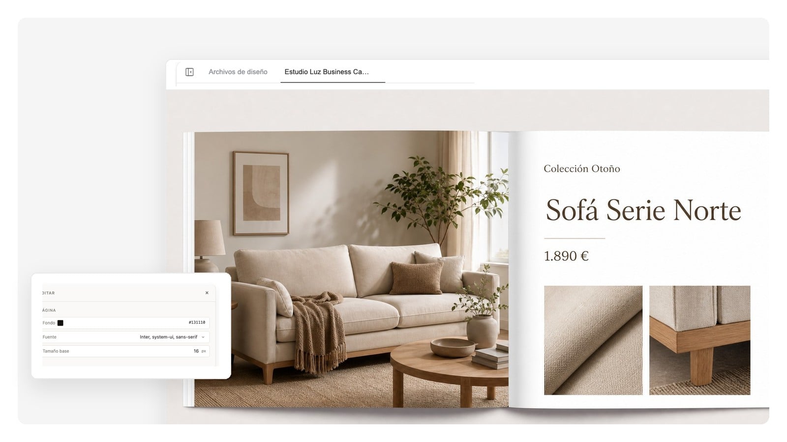 Doble página de producto estelar de un catálogo de e-commerce hecho con IA