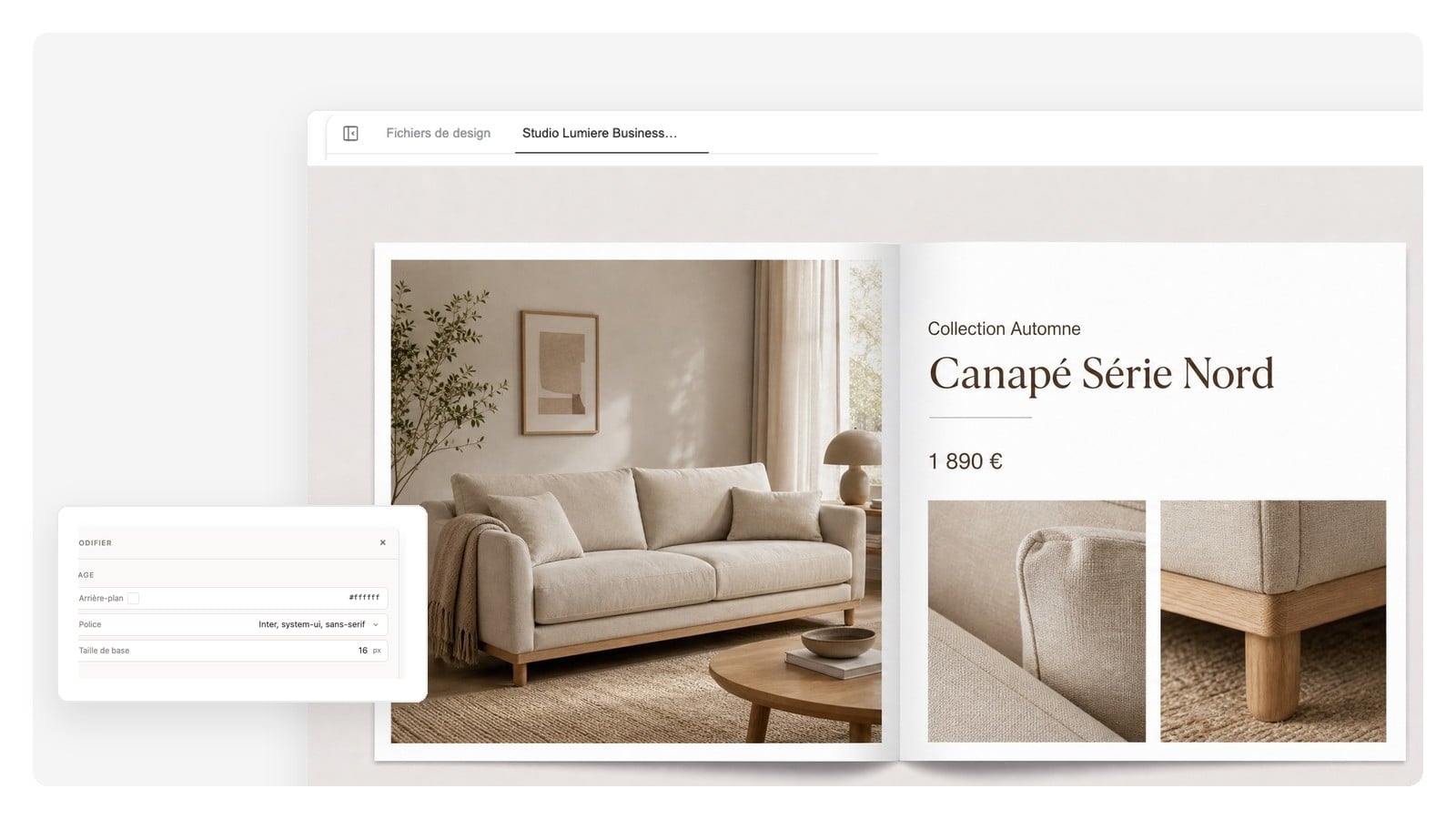 Double page de produit phare d'un catalogue e-commerce créé avec l'IA