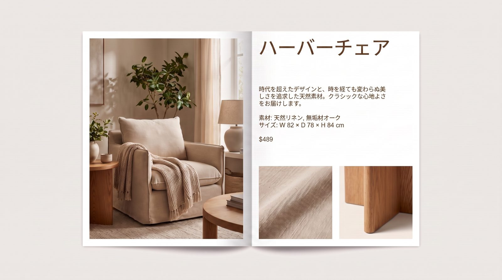 AIで作成したEC商品カタログの主役商品見開き