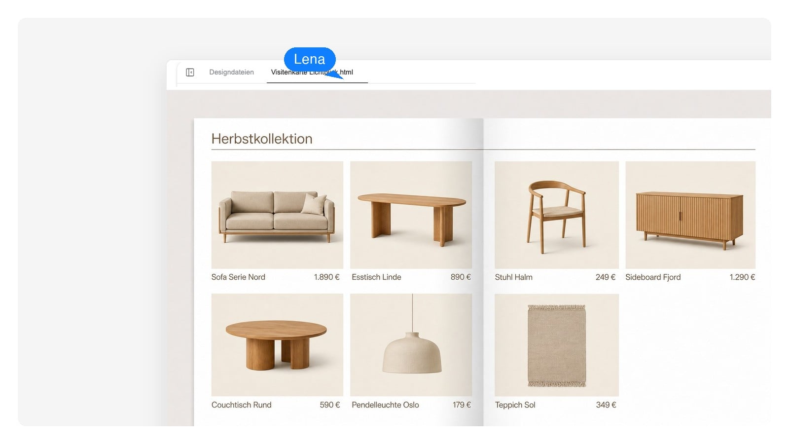Produktraster-Doppelseite aus einem KI-generierten Katalog mit bearbeitbaren Produktnamen, SKUs und Preisen