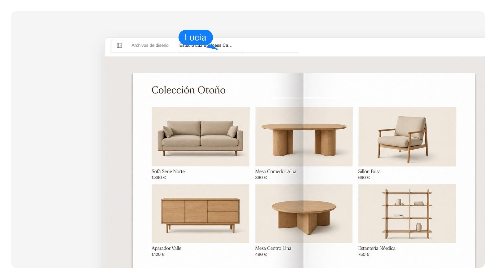 Doble página de cuadrícula de productos de un catálogo generado con IA, con nombres, SKUs y precios editables
