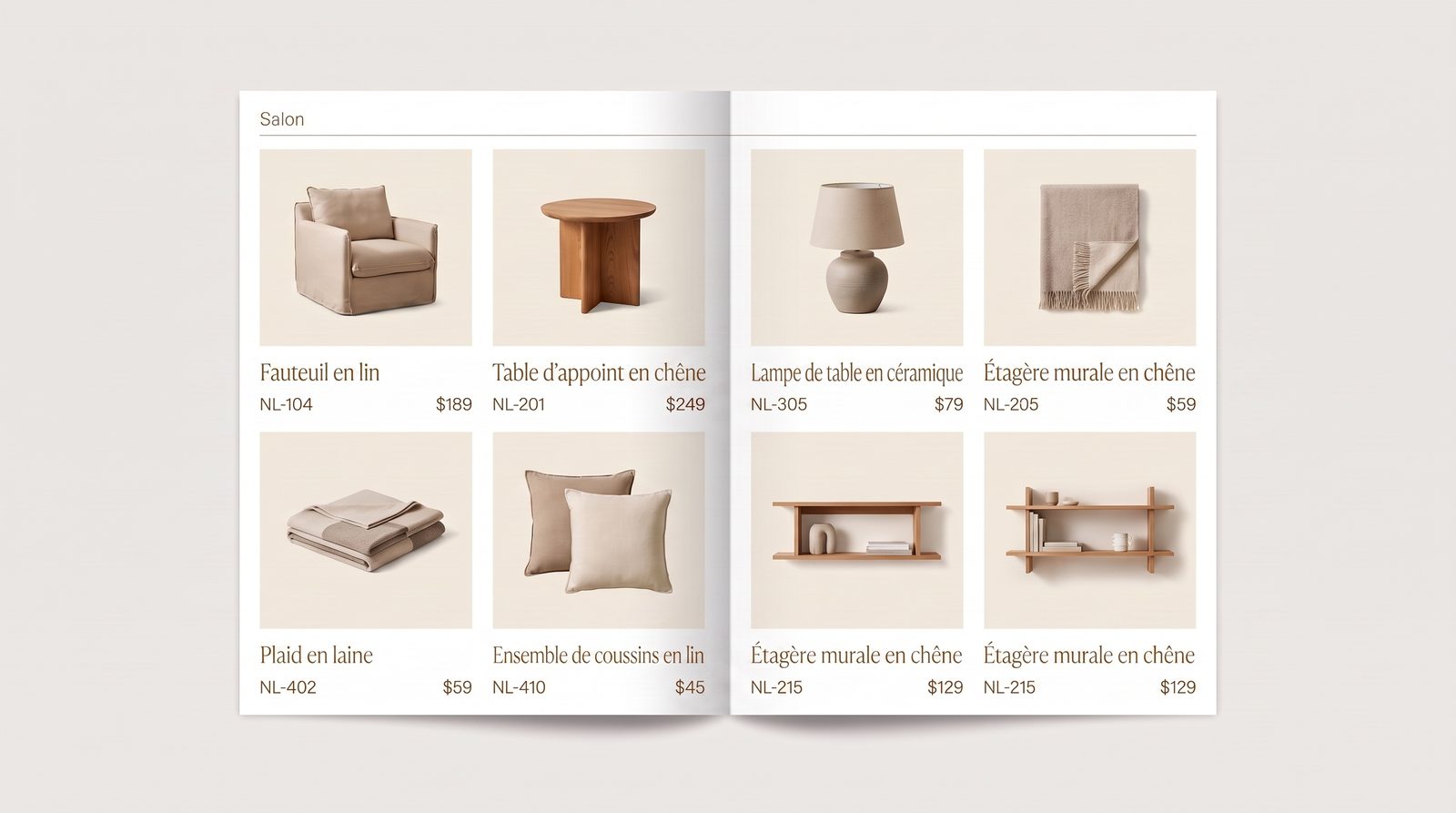 Double page en grille de produits d'un catalogue généré par IA, avec noms, SKU et prix modifiables