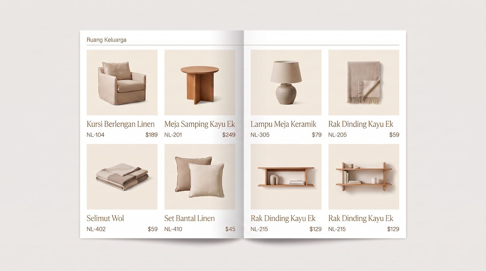 Halaman ganda grid produk dari katalog buatan AI dengan nama produk, SKU, dan harga yang bisa diedit