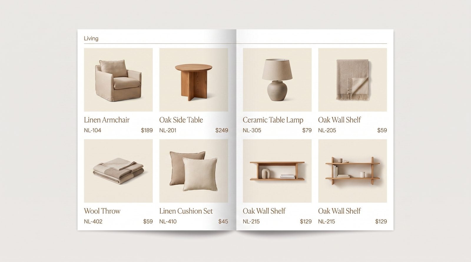 Product grid spread from an AI-generated catalog with editable product names, SKUs and prices
