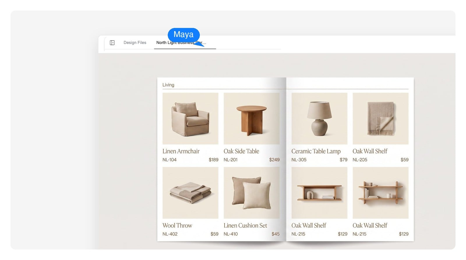 Product grid spread from an AI-generated catalog with editable product names, SKUs and prices