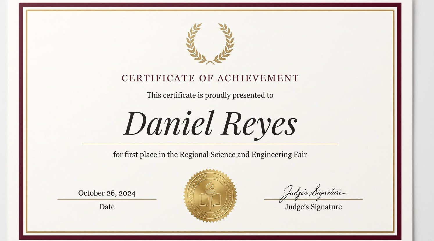 An achievement award certificate where the title, recipient name, seal, and border are separate editable design elements