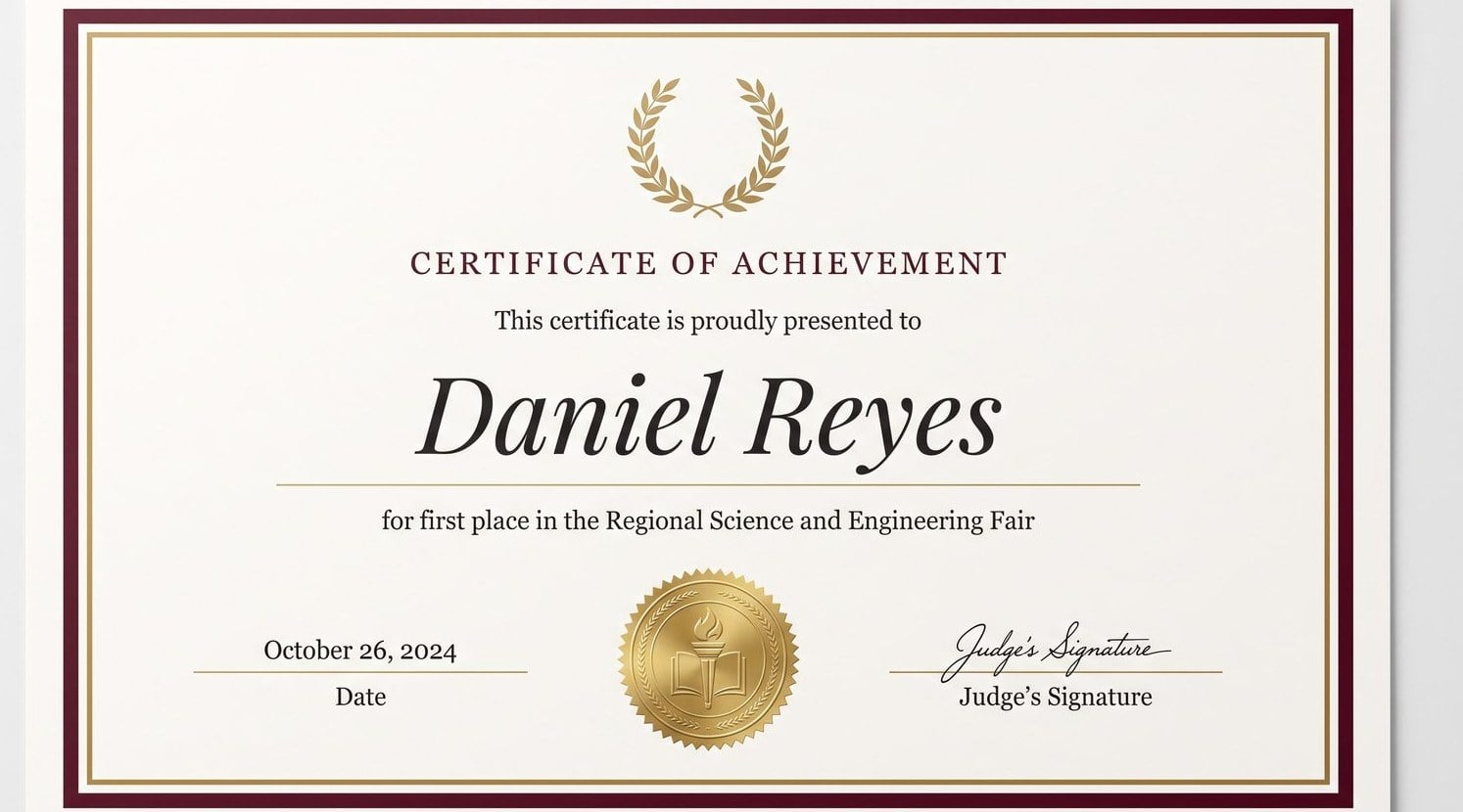An achievement award certificate where the title, recipient name, seal, and border are separate editable design elements