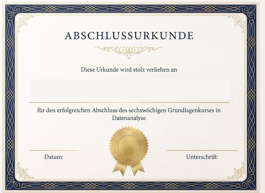 Abschlussurkunde mit verziertem Rahmen in Dunkelblau und Gold, die Namenszeile noch leer