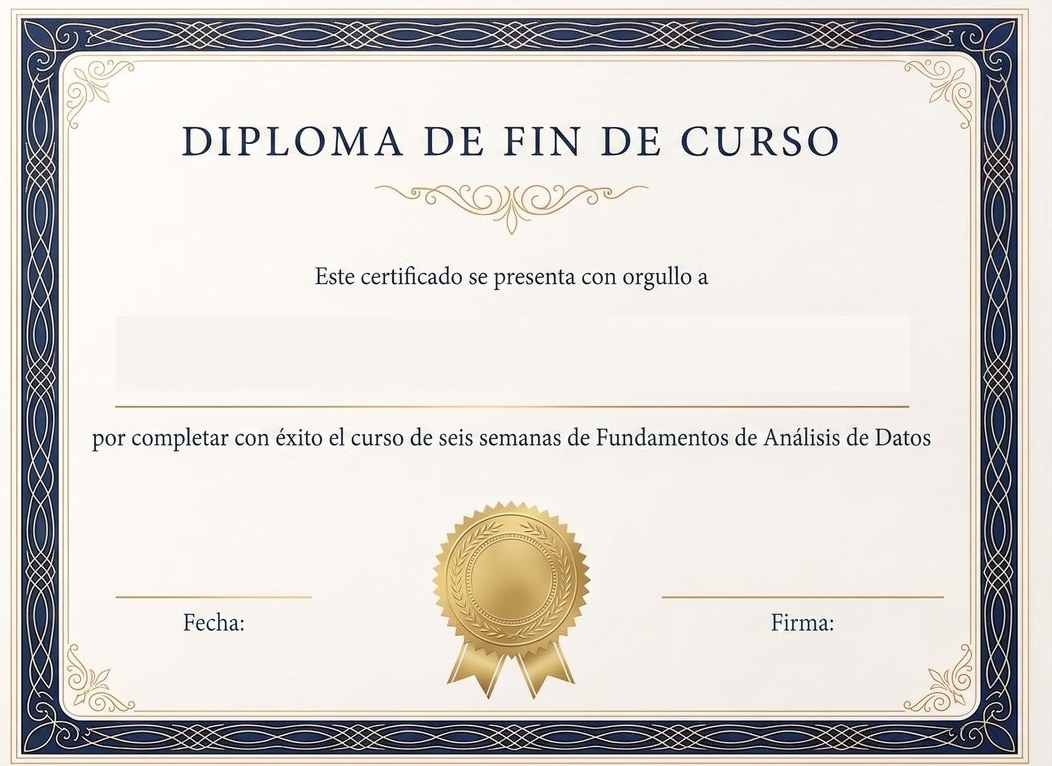Diploma de fin de curso con marco ornamentado en azul marino y dorado, con la línea del nombre en blanco