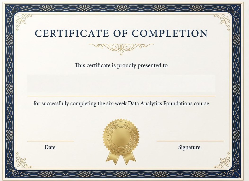 Certificate of completion with an ornate navy and gold border, its recipient name line left blank