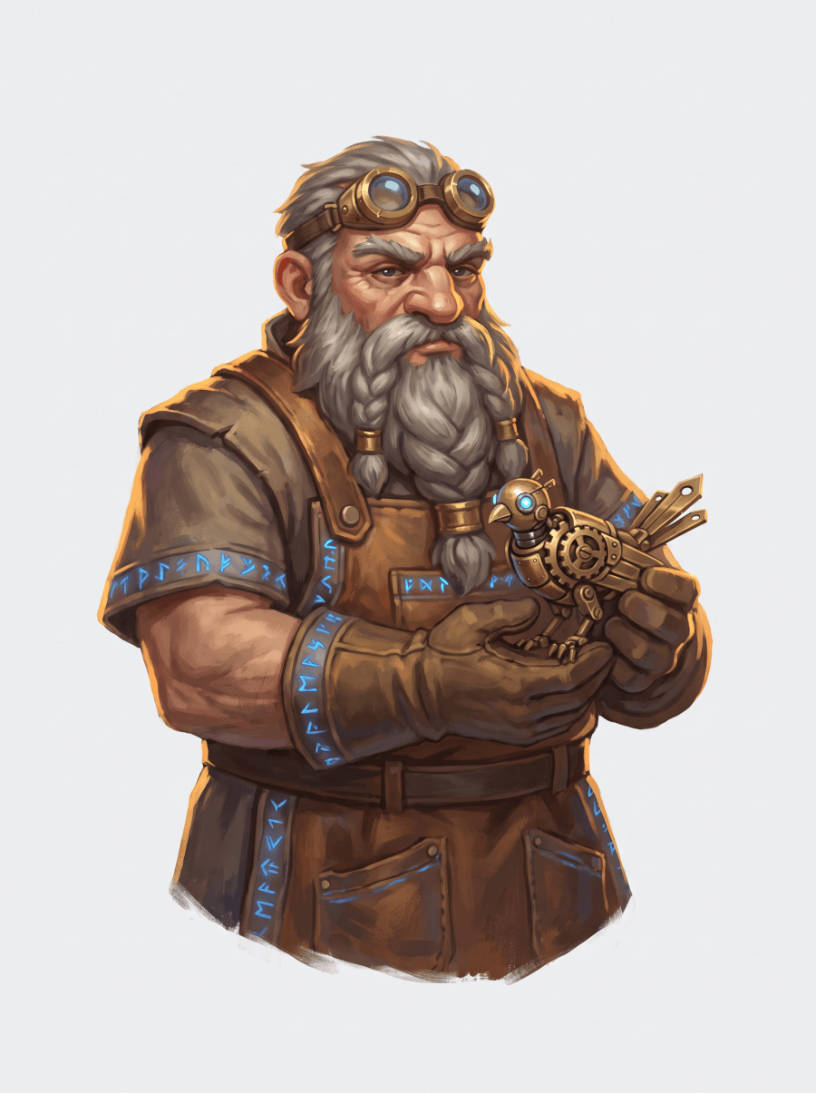 Stylized fantasy dwarf inventor character created with the AI character creator