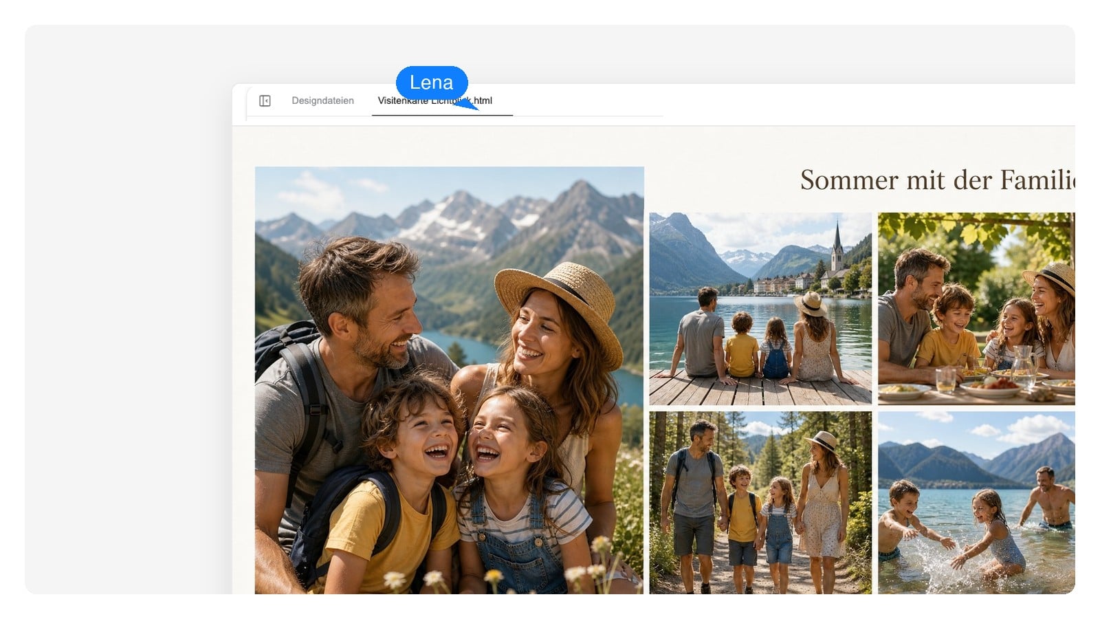 Familien-Fotocollage in einer Editor-Ansicht, in der jedes Foto, der Titel und die Bildunterschrift als eigene Ebenen aufgelistet sind