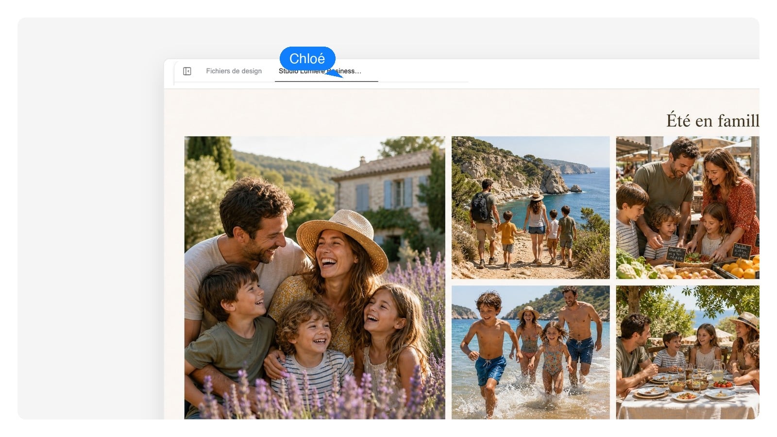 Collage photo de famille ouvert dans une vue éditeur, avec chaque photo, le titre et la légende listés comme des calques séparés