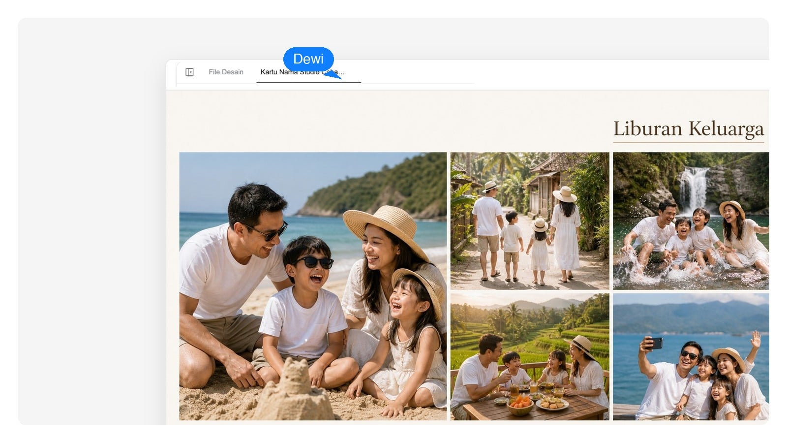 Kolase foto keluarga terbuka di tampilan editor, dengan setiap foto, judul, dan caption terdaftar sebagai layer terpisah