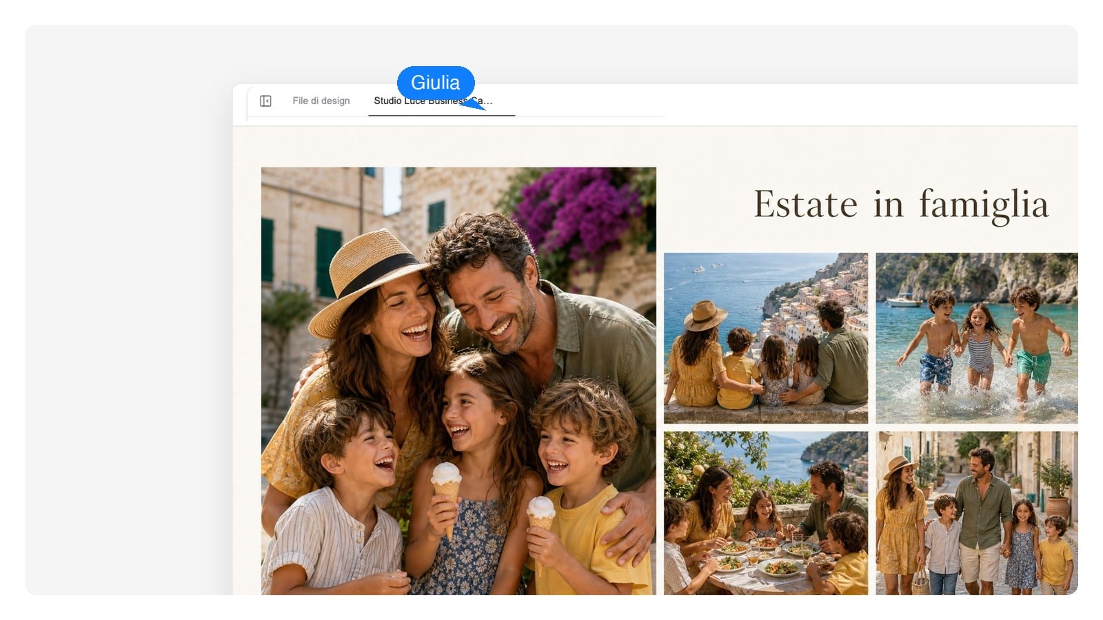 Collage foto di famiglia aperto in una vista editor, con ogni foto, il titolo e la didascalia elencati come livelli separati