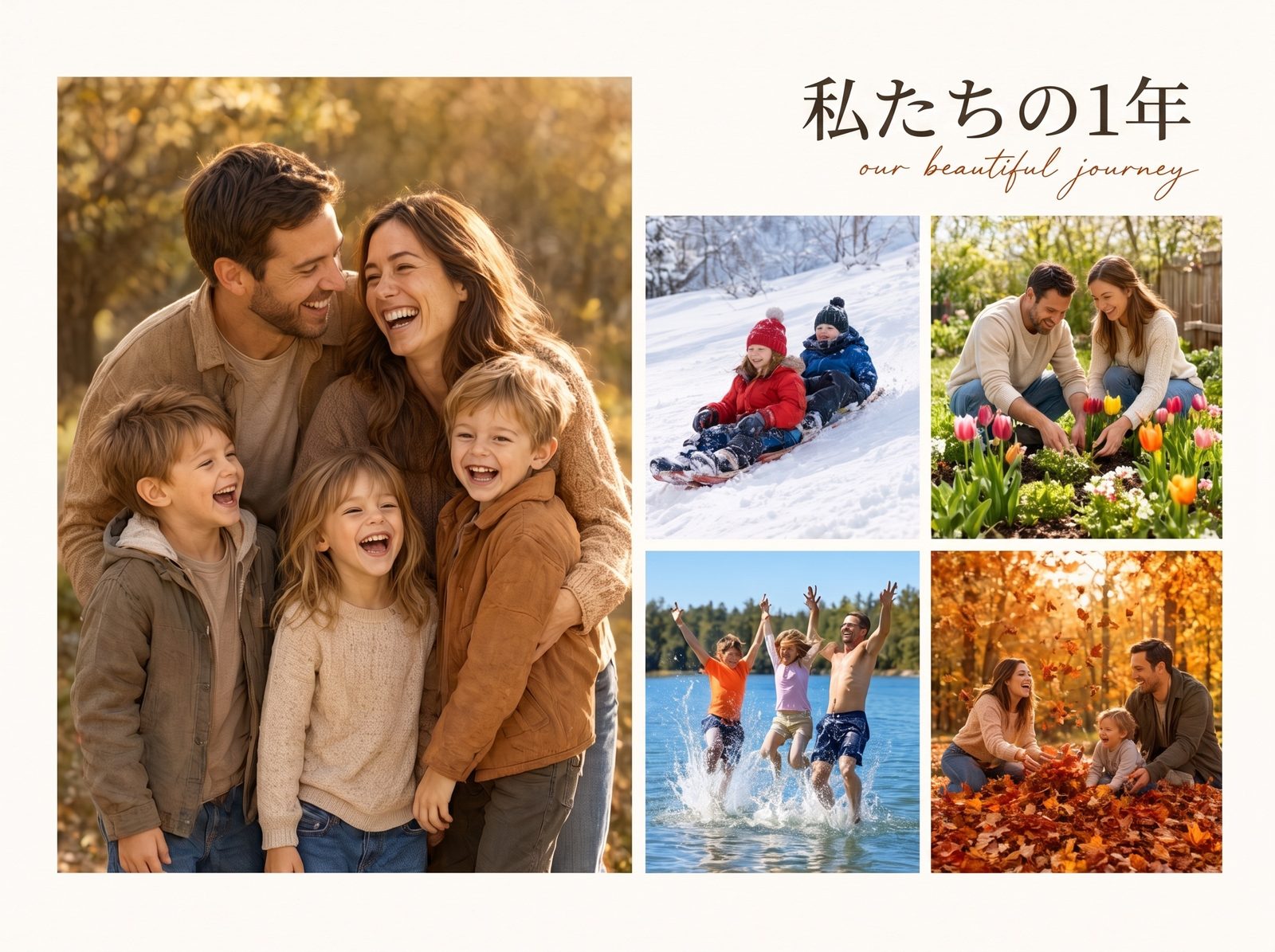 エディタ表示で開いた家族の写真コラージュ。各写真、タイトル、キャプションが別々のレイヤーとして一覧に並ぶ