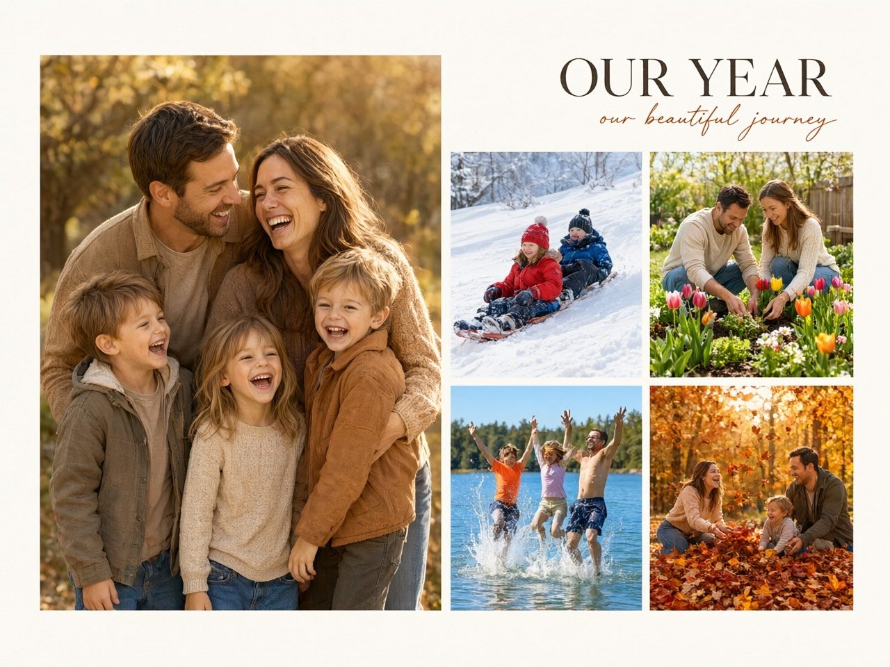 Family photo collage open in an editor view, with each photo, the title, and the caption listed as separate layers