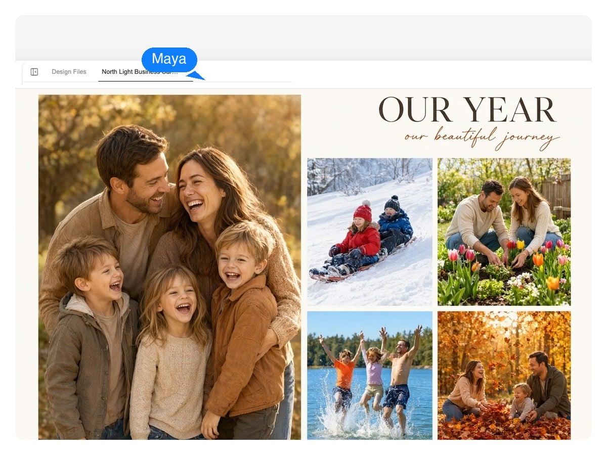 Family photo collage open in an editor view, with each photo, the title, and the caption listed as separate layers