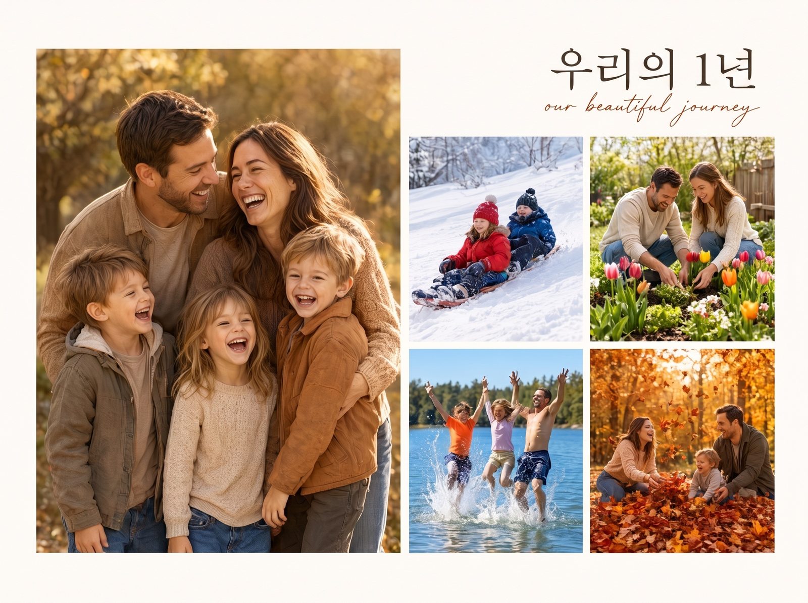 편집기 화면에 열린 가족 사진 콜라주. 사진, 제목, 캡션이 각각 별도 레이어로 나열되어 있다